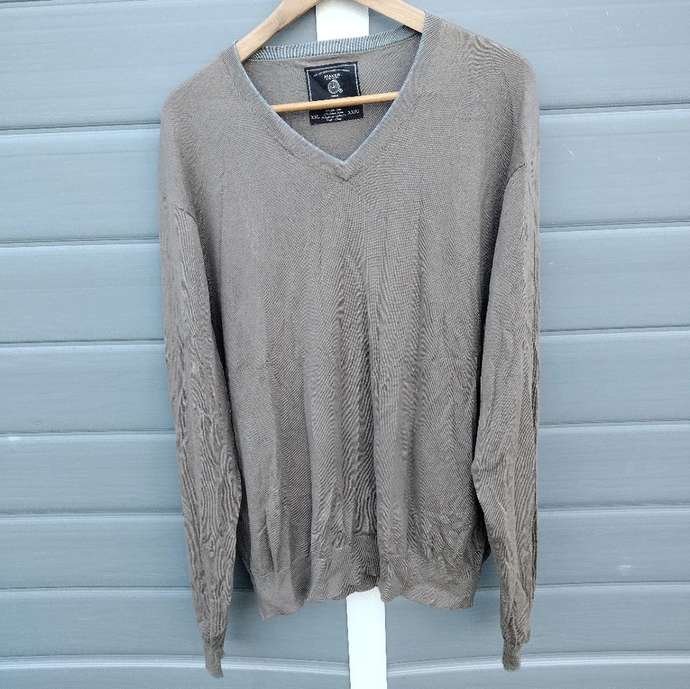 Maker & Company Silk Cashmere Blend Tan Taupe V-Neck Sweater Mens 2XL